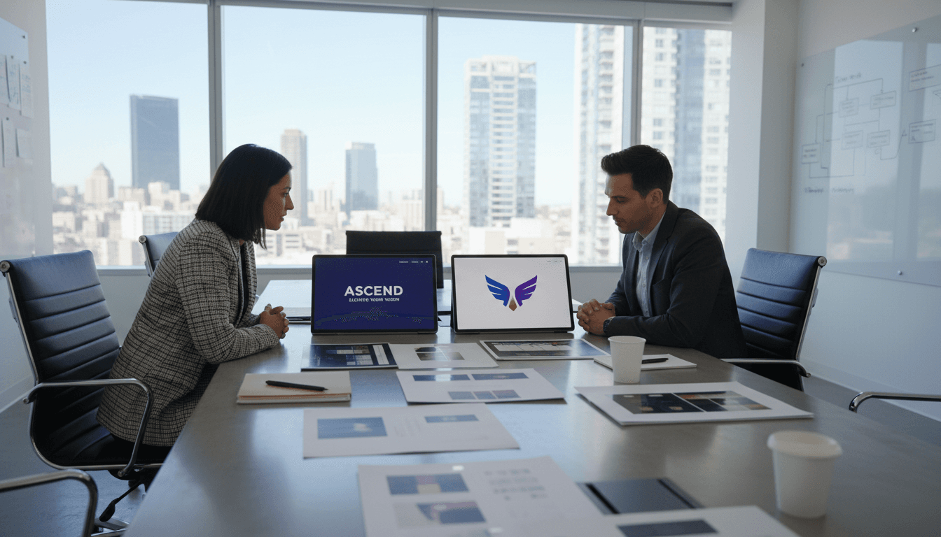 Strategic branding consultation showing creative director and client collaborating on brand identity work