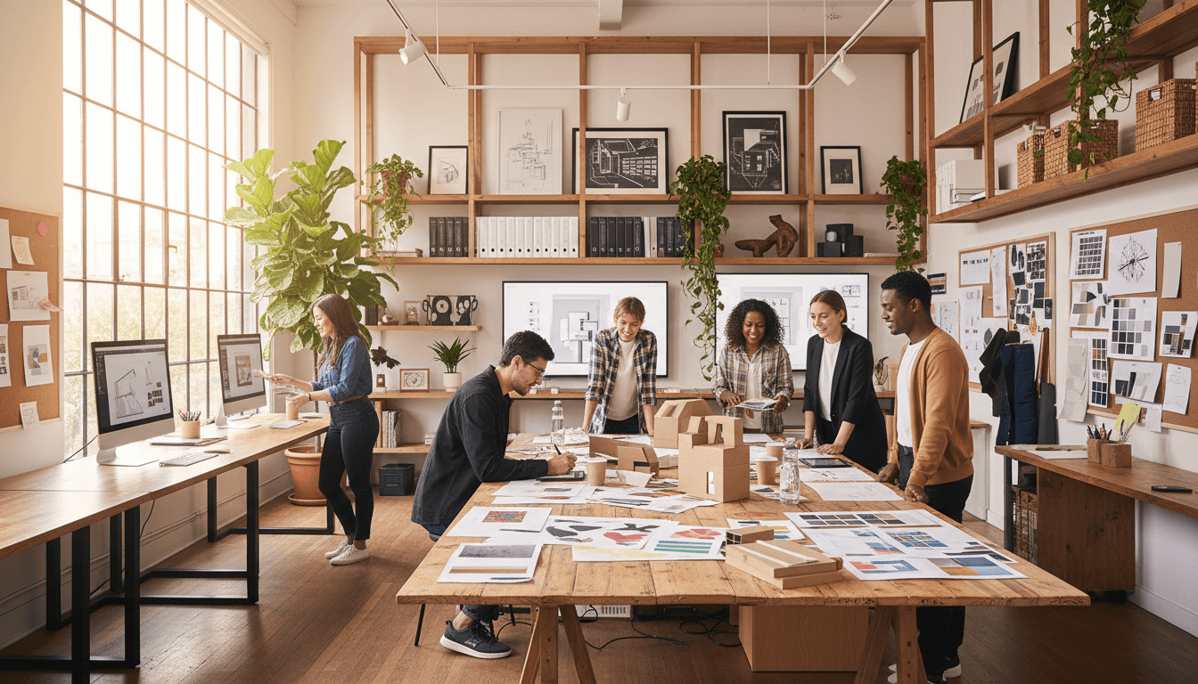 Creative team collaborating over design materials and mood boards in a bright Toronto studio