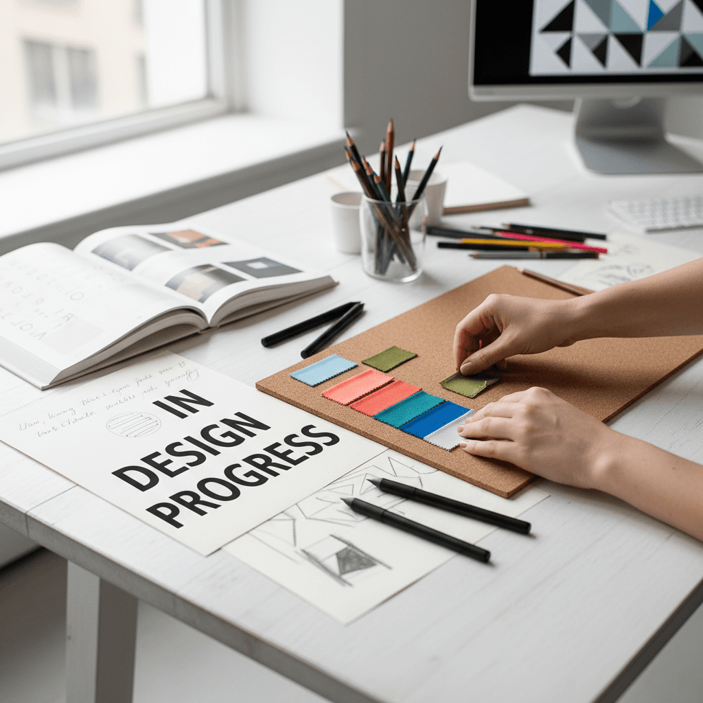Designer working on brand concepts at a creative studio desk with sketches and mood boards