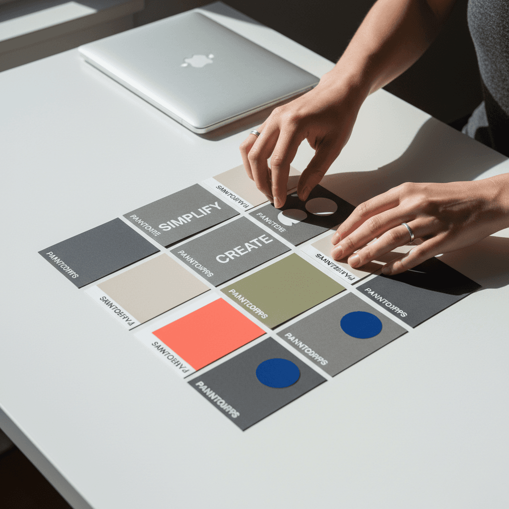 Designer arranging brand color swatches and typography samples on a workspace